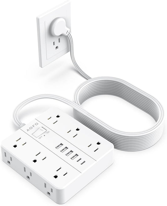 25FT Surge Protector Power Strip,12 AC Outlets with 6 USB Ports (2 USB-C), Flat Plug Extension Cord with Multiple Outlets, Wall Mount for Home Office,Dorm, White