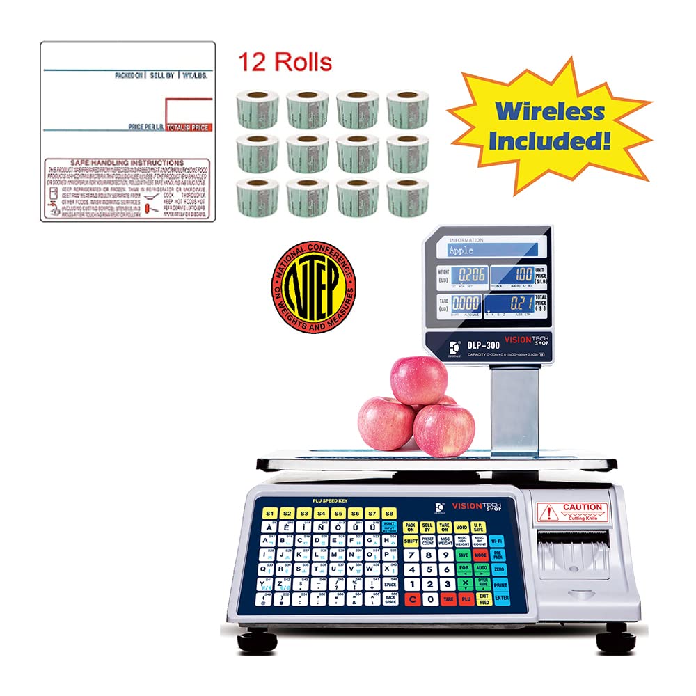 VisionTechShop DLP-300 Label Printing Scale Pole Display, 30/60lbs Capacity, 0.01/0.02lbs, NTEP Legal for Trade with a Free 1 case CAS LST-8040 UPC/Safe Handling Label, 58 x 60 mm