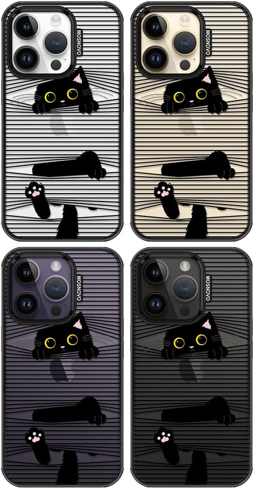 MOSNOVO Case for iPhone 14 Pro, [10ft 4X Military-Grade Drop Protection] Durable & Shockproof Phone Case Cover Design for iPhone 14 Pro - Hidden Black Cat - Clear Black
