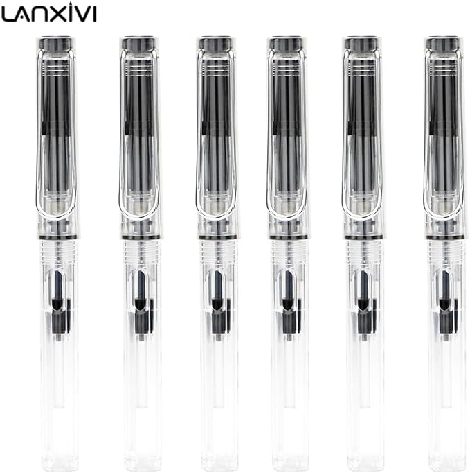 Lanxivi Yongsheng Calligraphy Fountain Pen Set Transparent Clear, 6 Assorted Tip Sizes for Art Drawing and Writing Signature