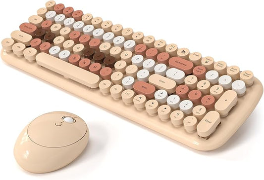 Wireless Keyboard and Mouse Combo, MOWUX - Modern Compact Layout, Colorful Compact Candy Mouse and Retro Round Keyboard Set with Cover, for PC/Laptop/Windows/Mac - Milk-Tea Colorful