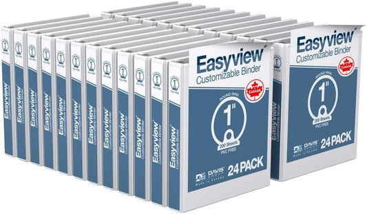 Easyview Premium 3-Ring Binders with Clear-View Covers and Round Rings, Binders for School or Office, 1 Inch, Pack of 24, White