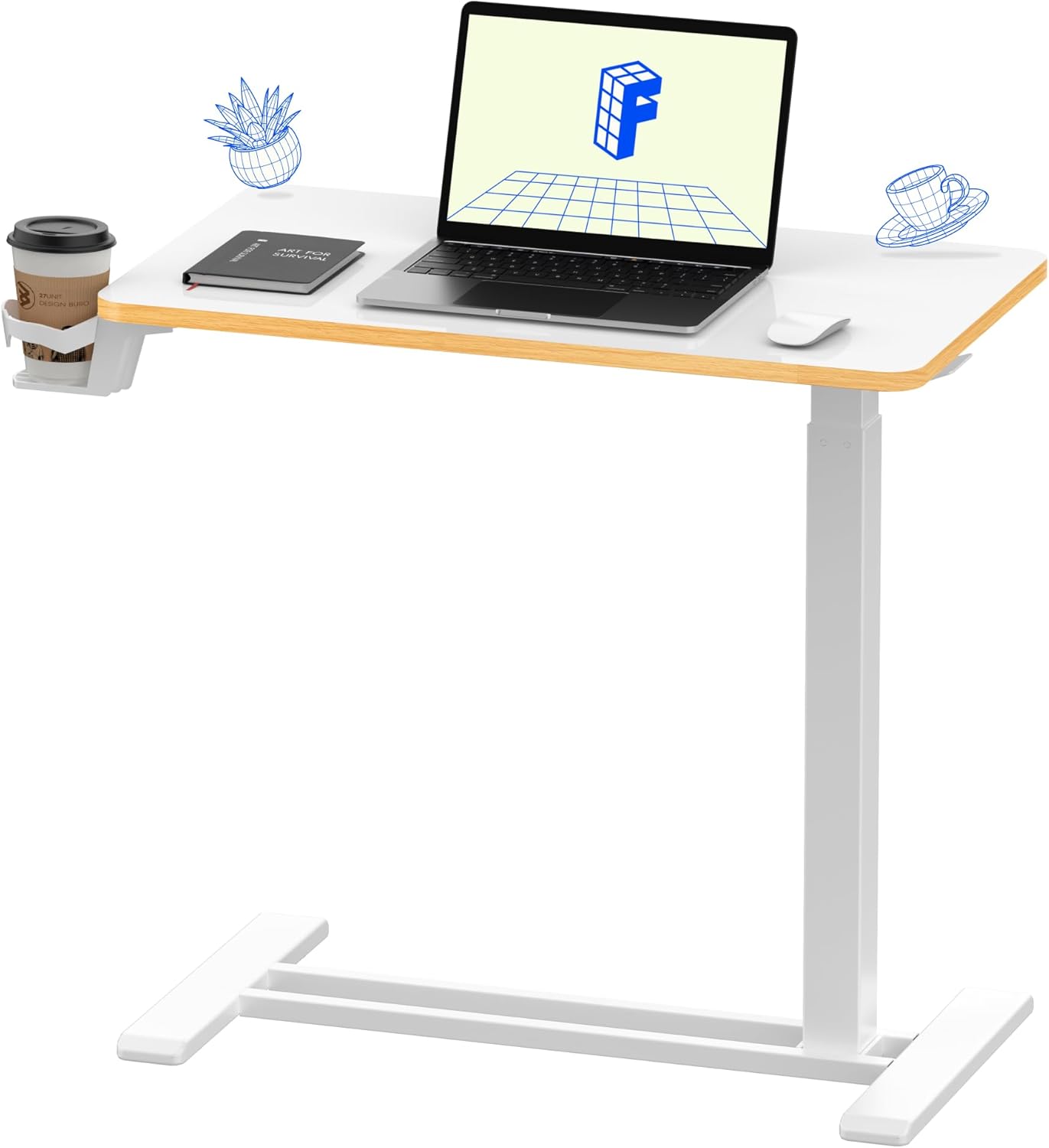 FLEXISPOT Mobile Standing Desk with Wheels Pneumatic Laptop Desk Rolling Computer Cart Movable Height Adjustable Small Sit Stand Desk Computer Workstations Home Use（27.6" W x 15.7" D,White+Maple