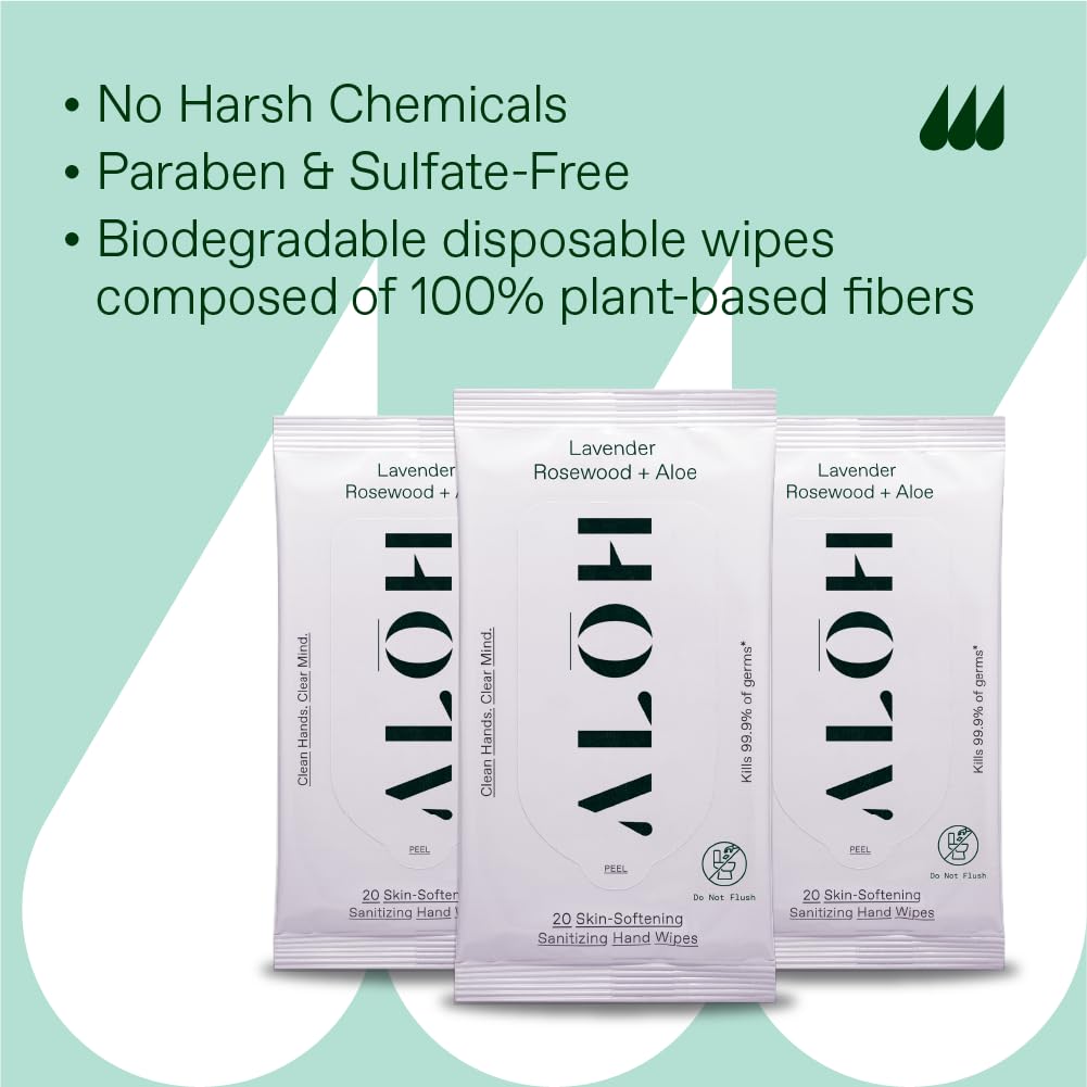 ALŌH Lavender Rosewood + Aloe Sanitizing Hand Wipes - Clean Hands, Clear Minds - On The Go Sanitizing Hand Wipes for Kids and Adults - Travel Size 3 Pack, 20ct Wipes (60 wipes)