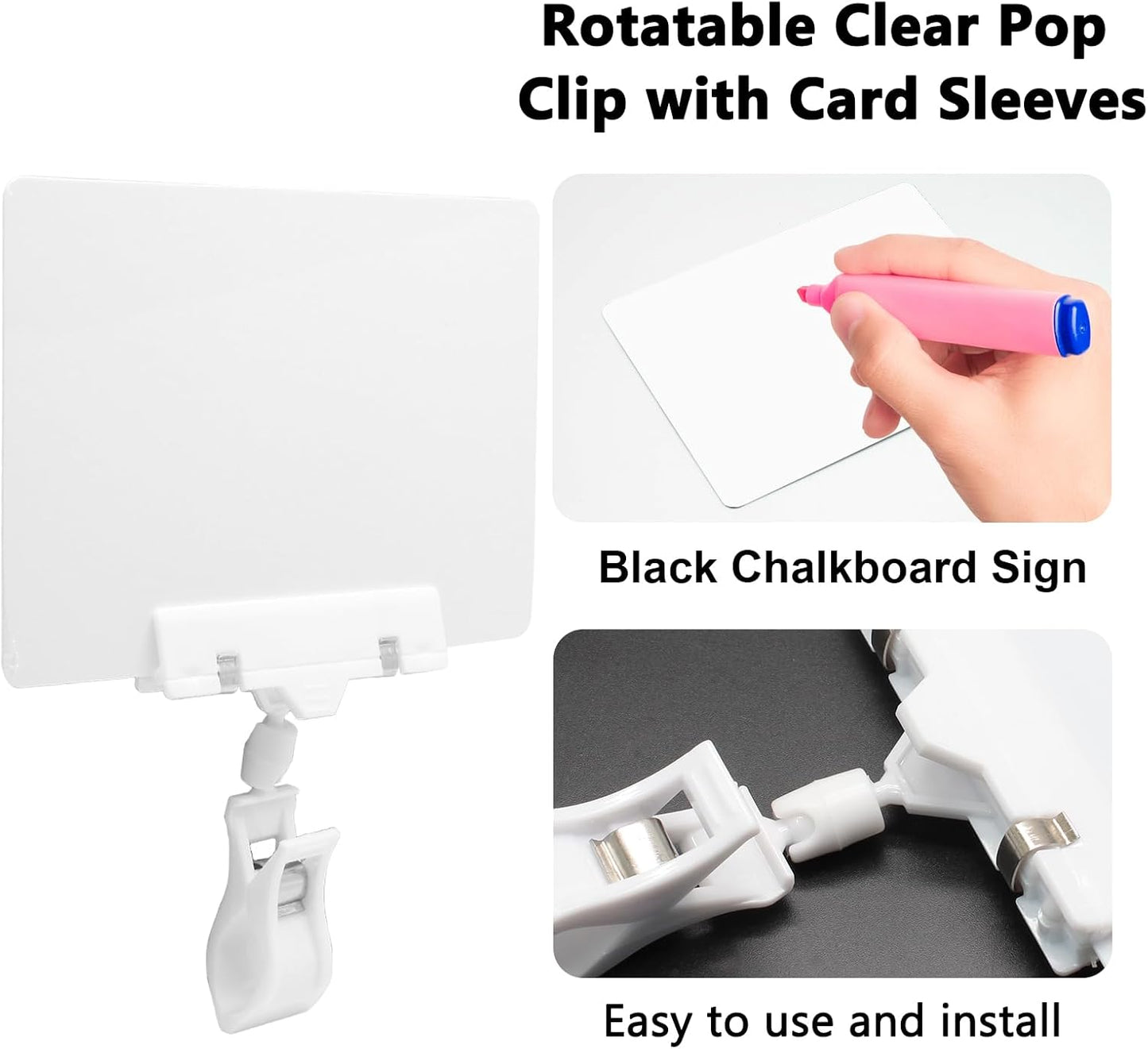Biaungdo 12 Pcs Plastic Chalkboard Sign with Rotating Clip, Erasable Blackboard Price Tags Double Sided Waterproof Blackboard Clips Display Clip Holder for Shelves,Store,Business, Supermarket(White)