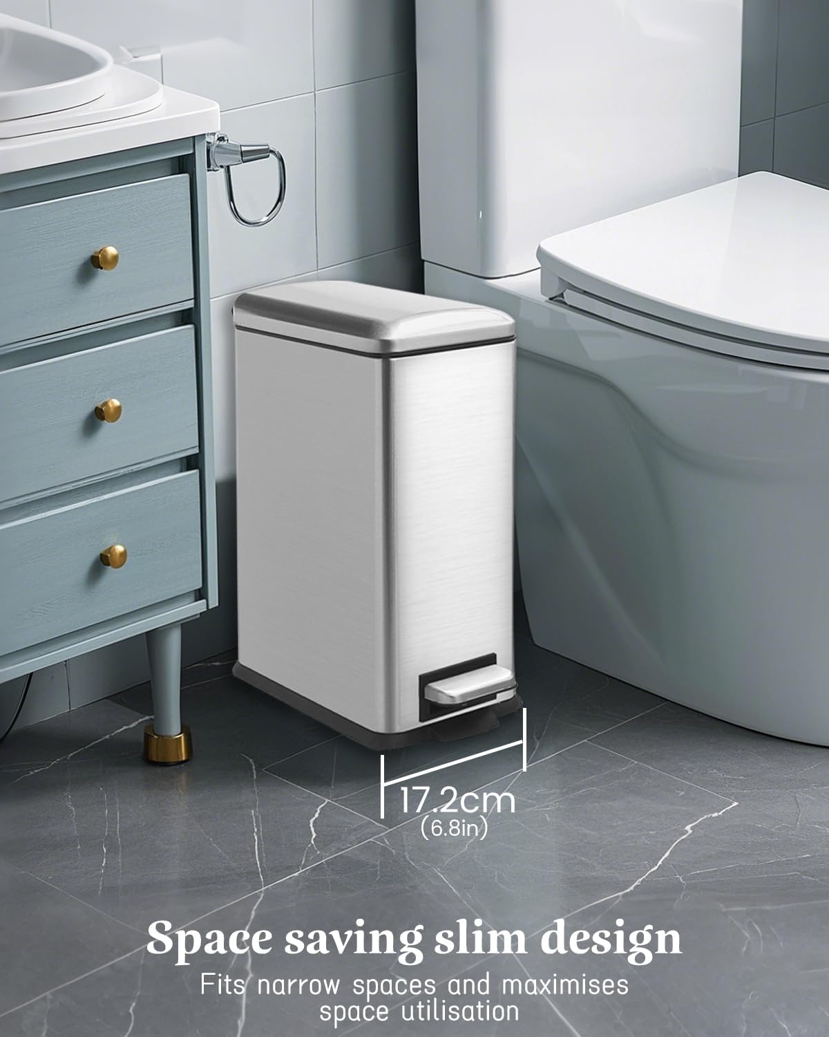 Rubbish Bin with Lid, 10 L, Stainless Steel Waste Bin, Bathroom, Pedal Bin, Stainless Steel for Bathroom, Bedroom and Office