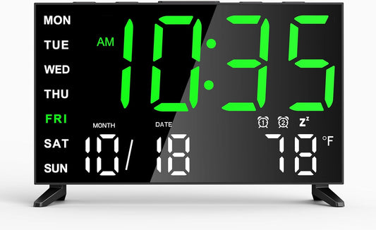 Mirror Digital Loud Alarm Clock with with Date,Indoor Temperature,USB Charging Port,Dimmer,Adjustable Volum,12/24H,Snooze,Dual Alarms (Weekday/Weekend),Perfect for Bedroom and Living Room