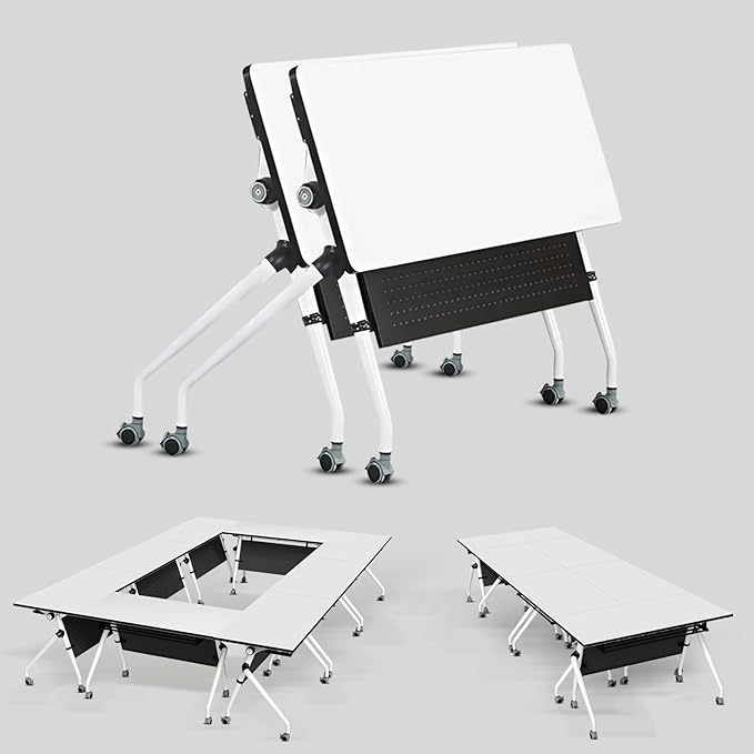 Conference Table, Folding Conference Room Tables, Mobile Training Tables with Silent Wheels, Large Rectangular Modular Seminar Table Office Computer Desks for Classroom White (2Pack L63in)