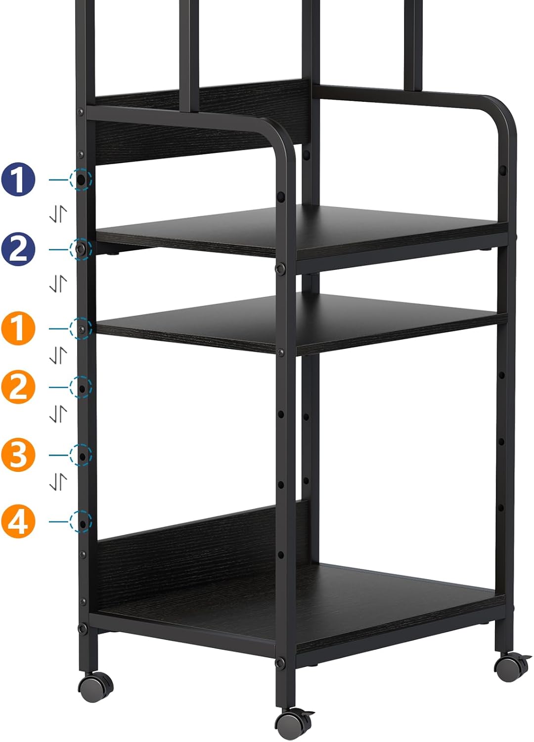 4 Tier Stand with Storage Shelf, Tall Mobile Printer Table for Home Office, Adjustable Stands for Heat Press Scanner Fax (Black)
