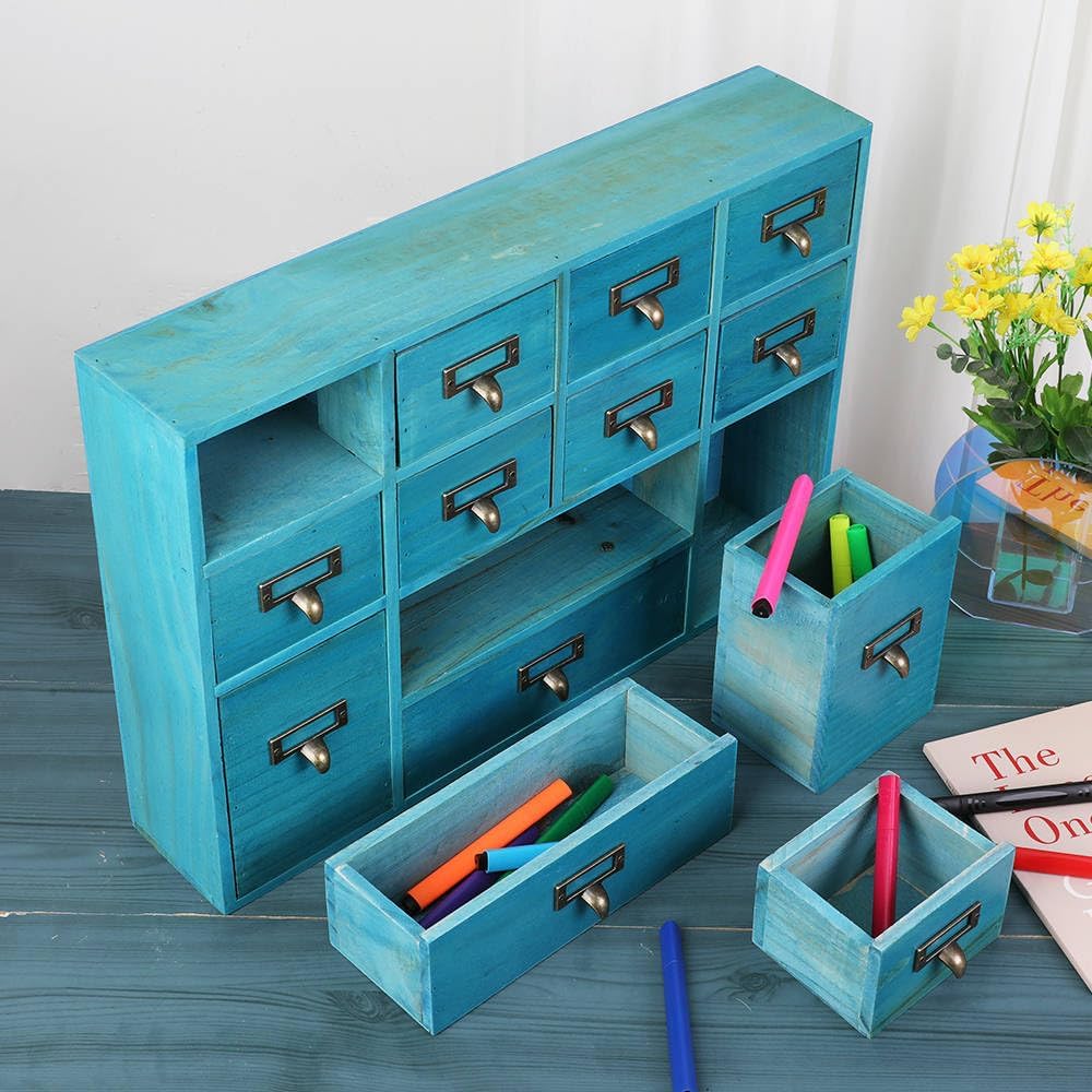 12 Drawers Apothecary Cabinet with Drawers Tabletop Apothecary Drawers Library Card Catalog Cabinet Medicine Cabinets Wood Desk Organizer Wooden Storage Box (Blue)