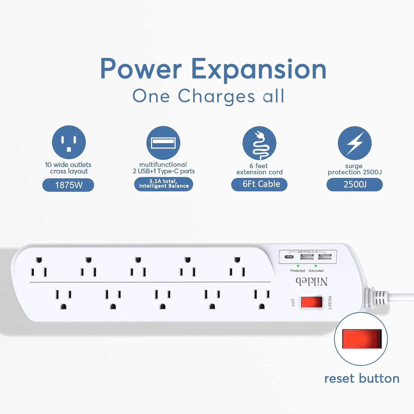 Long Power Strip, Multi Plug Outlet Extender Nikleb with 10 Outlets, Heavy Duty Extension Cord with 2 USB+1 Type C Ports, USB Plug Adapter Surge Protector for House, Garage, Patio, Basement