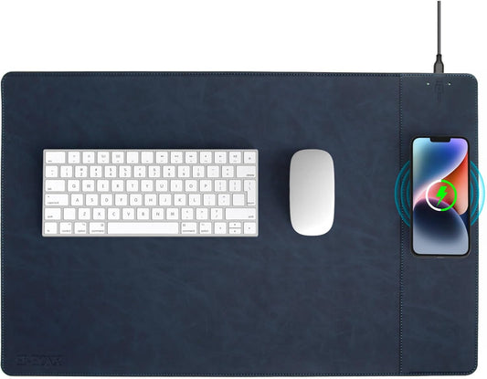 Magnetic Wireless Charging Desk Mat, 23.4"x15.6" Large Office Mouse Pad, Microfiber Leather Mouse Mat with Ultra-Smooth Surface, Waterproof Computer Keyboard Desk Mat for Office & Home, Laptop, Blue