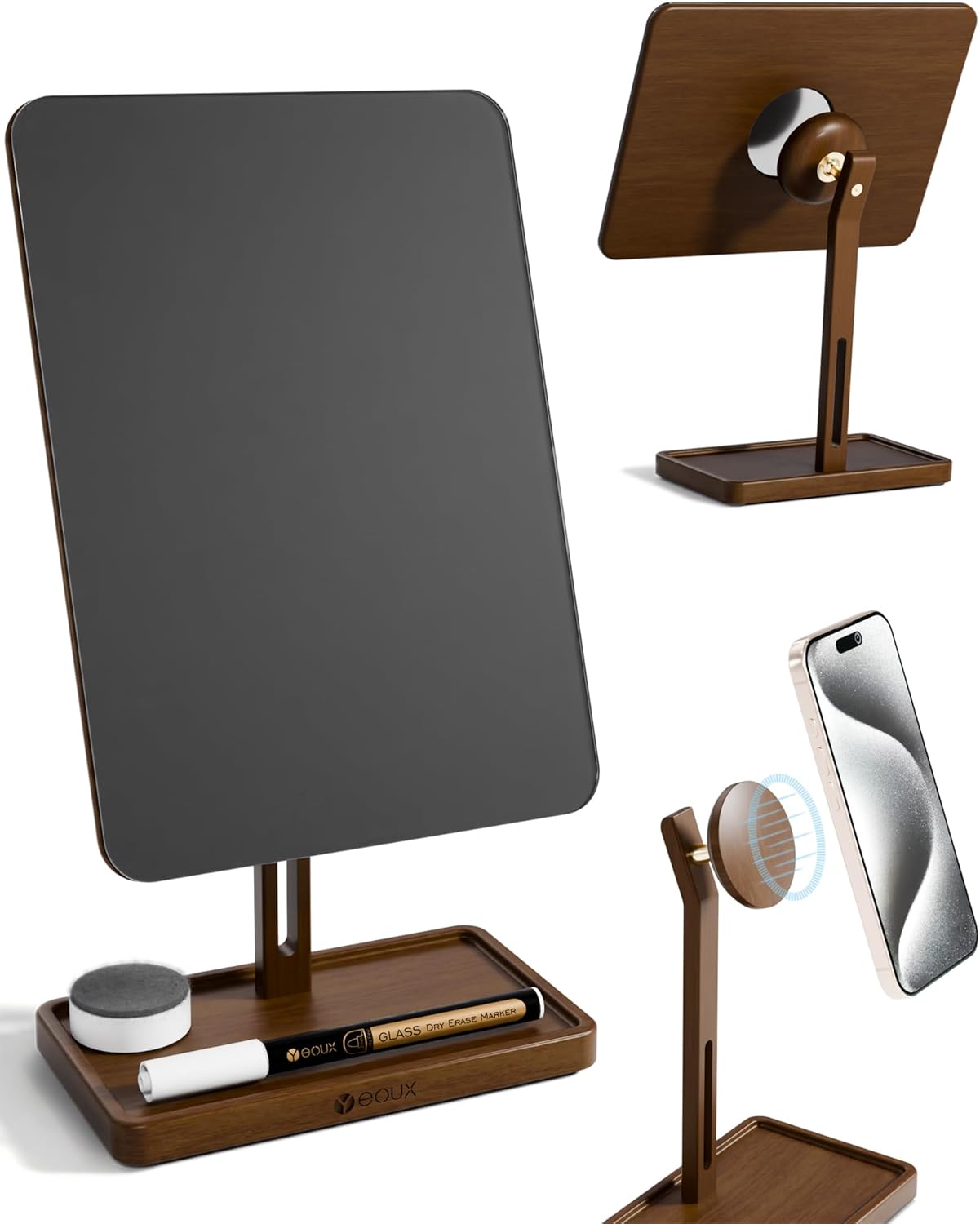 YEOUX Premium Desktop Glass Whiteboard & Magnetic Phone Stand 2-in-1 | 360° Adjustable | Solid Wood | MagSafe Compatible, Small Dry Erase Board for Office Home Desk