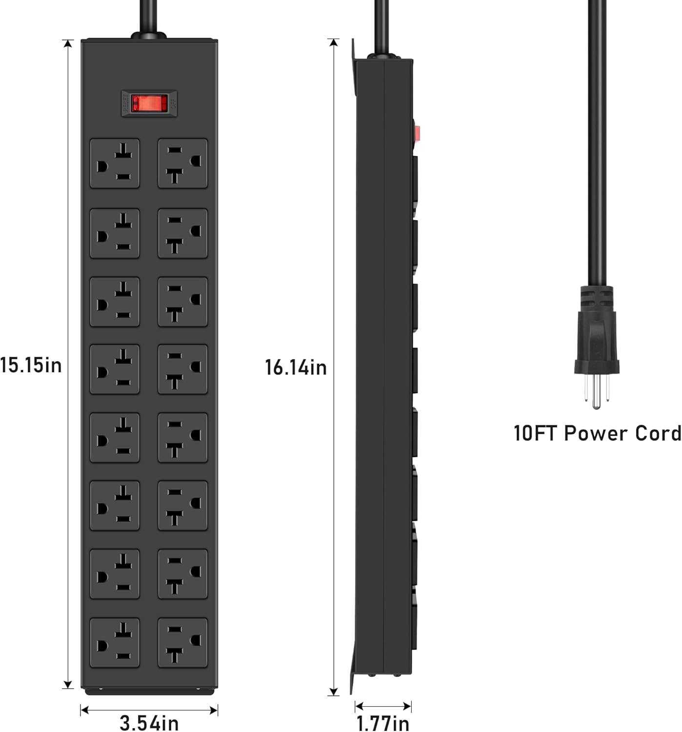 JUNNUJ Heavy Duty 20 Amp Power Strip with Surge Protection 3000J, Garage 16 Outlets Metal 12 Gauge, Desk Strips Wide Spaced, High Amp 5-15P Adapter Shop 6-20R T-Slot Industrial Outlets (16AC, 10FT)