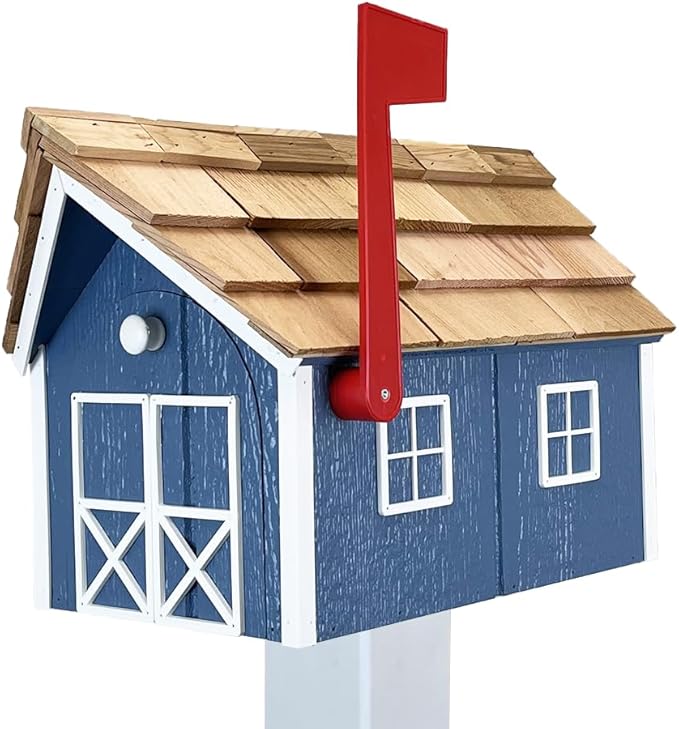 Peaceful Classics Amish Cedar Roof Wooden Mailbox with Window & Door Trim, Handcrafted Mailboxes for Outside, Post Mount Residential Mailboxes - (Country Blue & White, Wood)