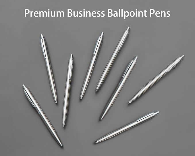 LINFANC 8 Pack Ballpoint Pens, Premium Retractable Metal Ballpoint Pen, Medium Point 1.0mm Black Ink Pen for Home School Work Office Supplies, Stainless Steel Trim, Extra 8 Refills