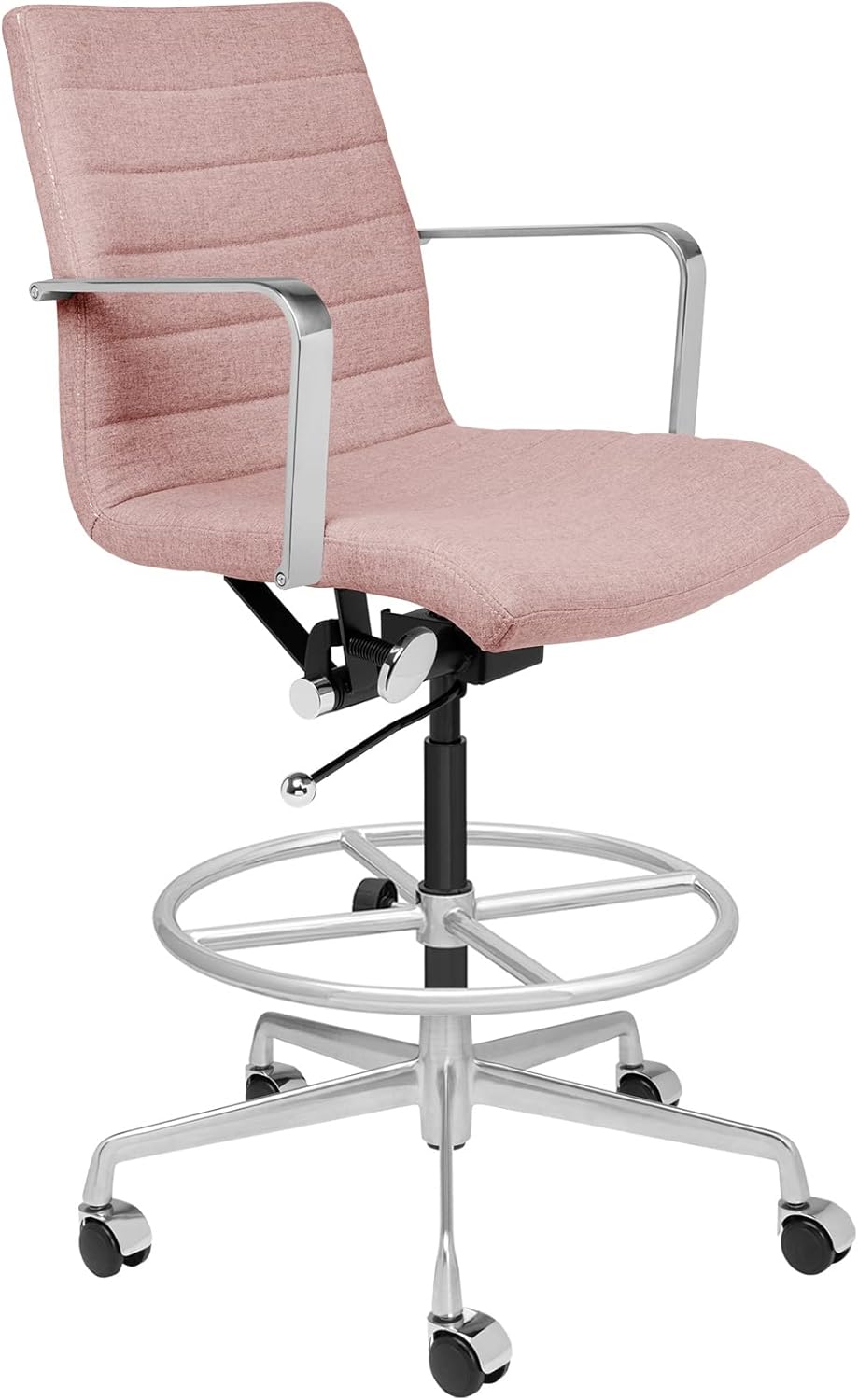 Laura Davidson Furniture SOHO II Ribbed Drafting Chair for Standing Desks, Standing Desk Chair - Ergonomically Designed, Draft Height, Arm Rest & Cushion, Made of Fabric, Coral Pink Fabric