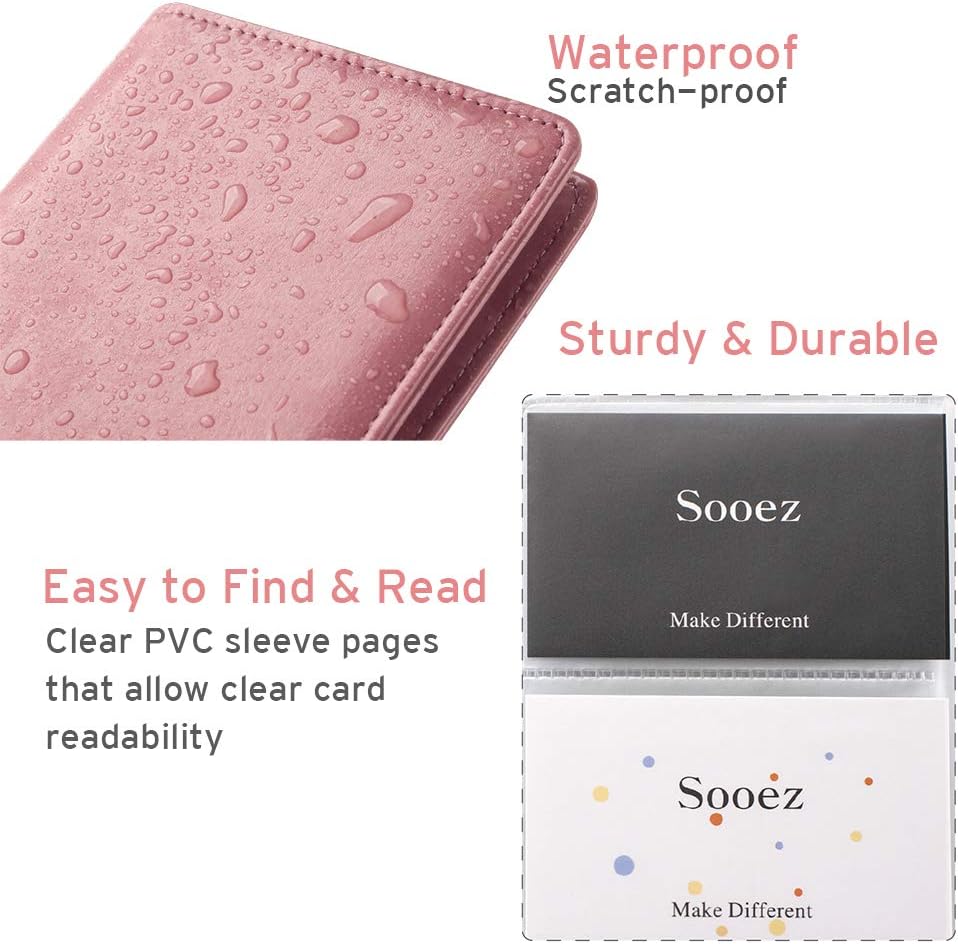 Sooez Leather Professional Business Card Holder Organizer, 240 Card Capacity PU Name Credit Cards Booklet (Pink)