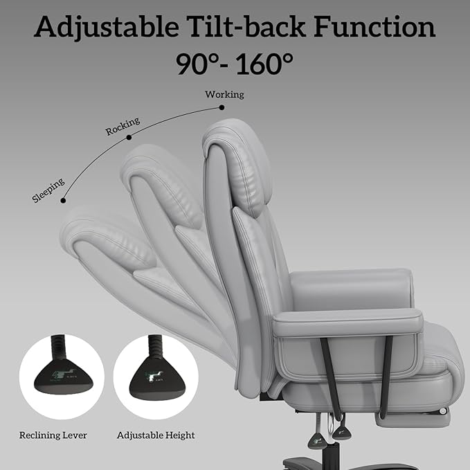 GYI Criss Cross Chair with Wheels, 160°Big and Tall Reclining Office Desk Chair with High Back, Wide Seat, Arms, Footrest, Grey