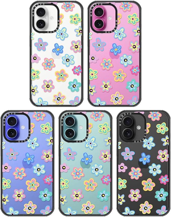MOSNOVO Case for iPhone 16 Plus, [10ft 4X Military-Grade Drop Protection] Durable & Shockproof Phone Case Cover Design for iPhone 16 Plus - Groovy Flower - Clear Black