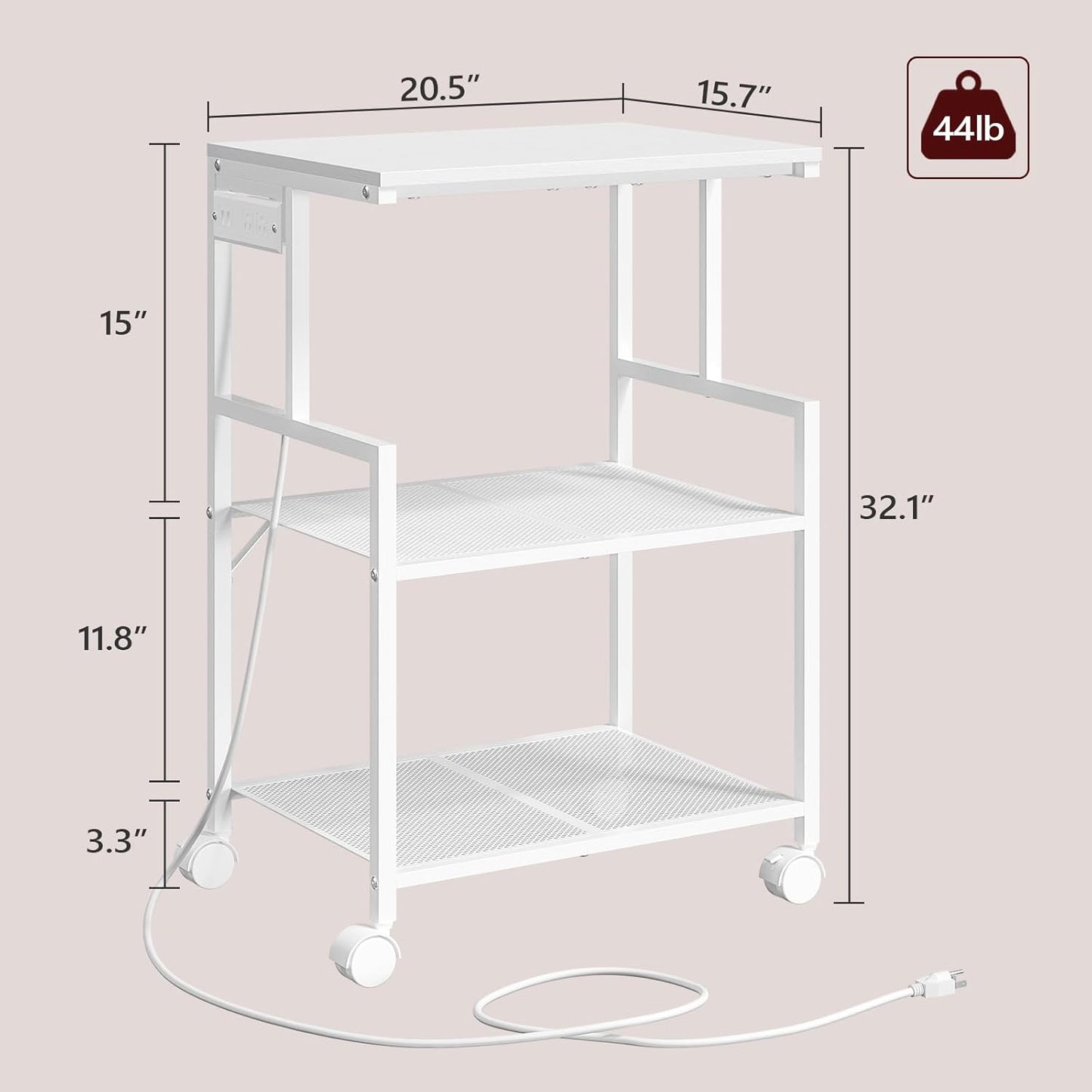 Mobile Printer Stand, 3-Tier Industrial Printer Cart with 2 AC Outlets and 2 USB Ports, Rolling Printer Table on Wheels for Home Offices Kitchen Organization Rack, White PTWT78E01
