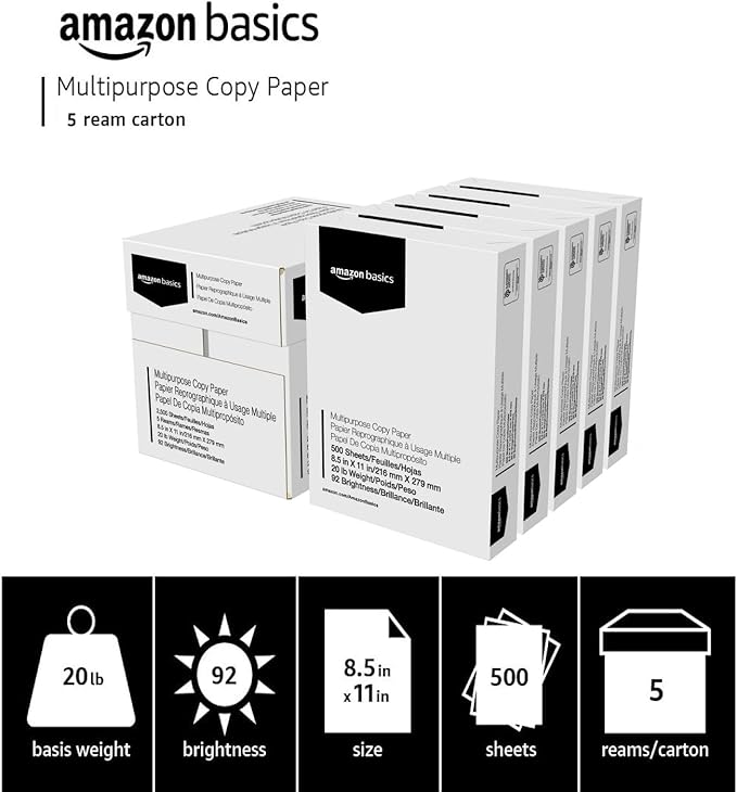 Amazon Basics Multipurpose Copy Printer Paper, 20 lb, 8.5 x 11 Inches, 5 Reams (2,500 Sheets), 92 Bright, White