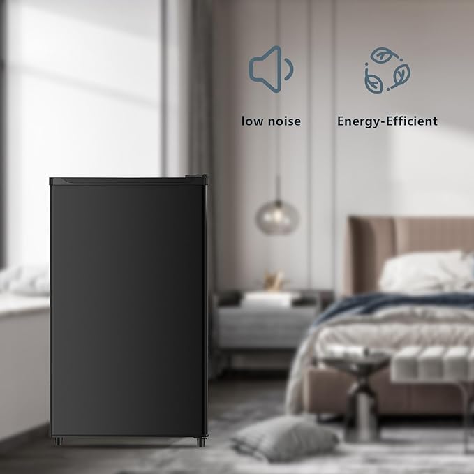 Seaoola Mini Fridge with Freezer, Single Door 4.4 Cu.Ft, Compact Mini Refrigerator, LED Light, Adjustable Thermostat, Removable Glass Shelves, Small Refrigerator for Dorm/Office/Bedroom(Black)