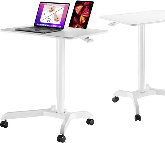 AVLT 48" Ambidextrous Standing Desk, Mobile Adjustable Height Rolling Laptop Desk, Folding Computer Projector Cart with Brake Casters, Portable White Desk for Home Office