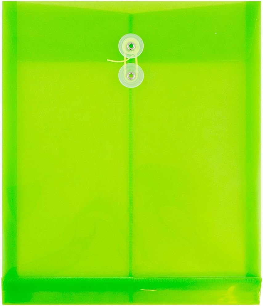 JAM PAPER Plastic Envelopes with Button & String Tie Closure - Letter Open End - 9 3/4 x 11 3/4 - Lime Green - 12/Pack