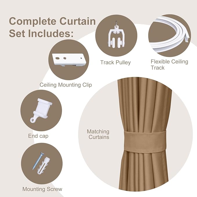 Room Divider Curtains & Flexible Bendable Tracks Set,Privacy Dividers Ceiling Track Curtain Window Blackout Curtains for Living Room Bedroom (W180 × H108 In 1 Panel Khaki Drape & White Rail)