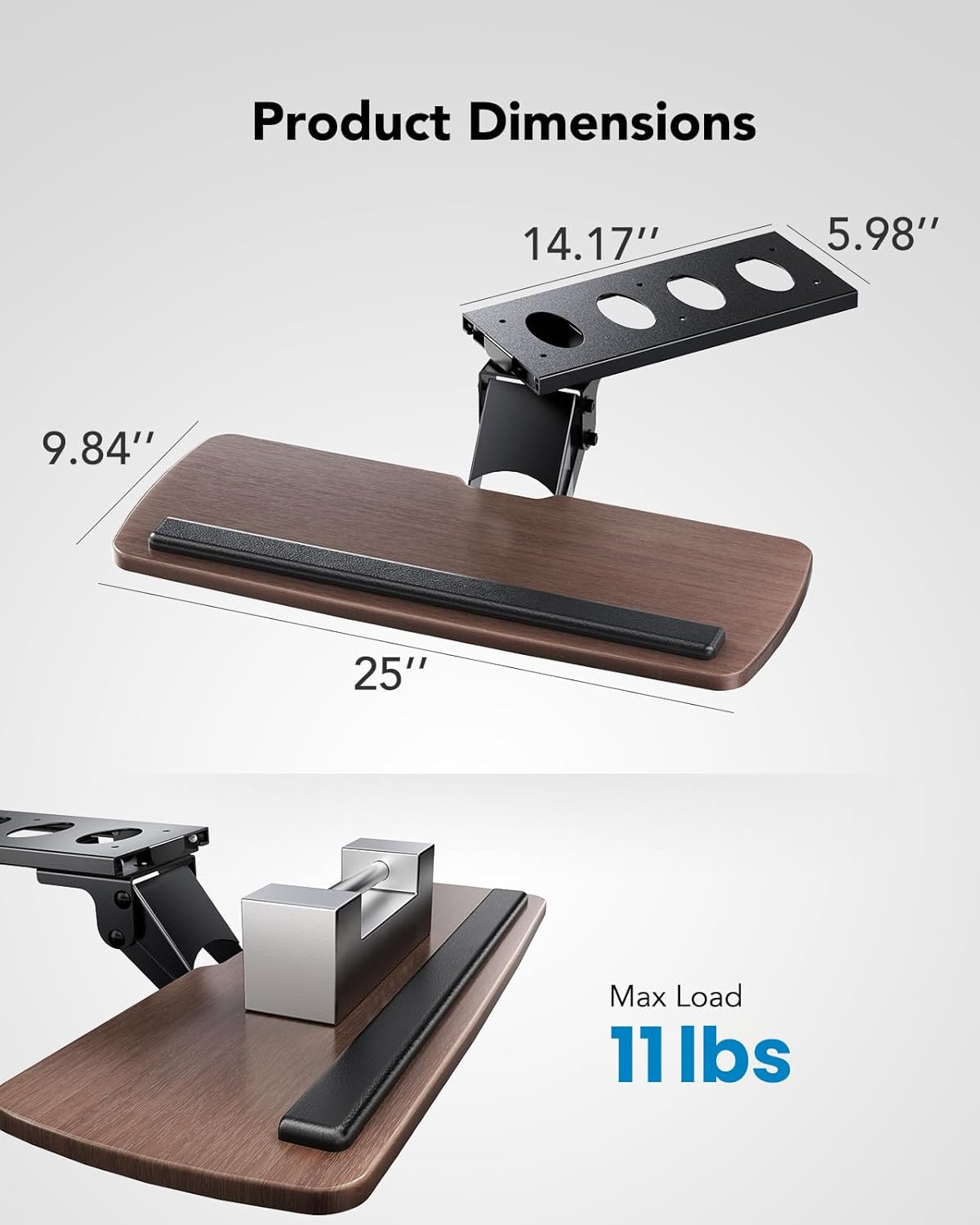 HUANUO Keyboard Tray Under Desk，360 Adjustable Ergonomic Sliding Keyboard & Mouse Tray, 25" W x 9.8" D, Brown