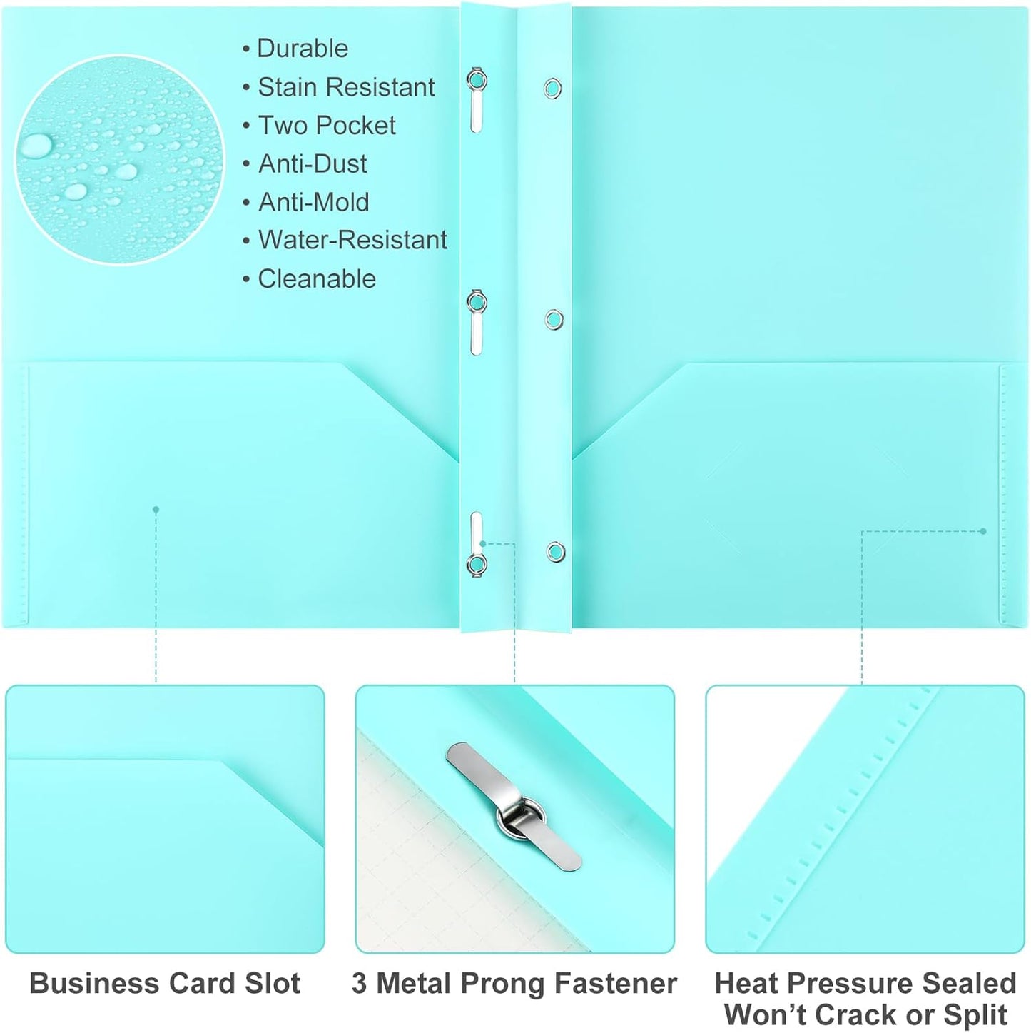 Patelai 48 Pcs Plastic Folders with 2 Pockets and 3 Prongs Home Folders with Card Slot Letter Size Heavy Duty Report Covers for Back to School(Mint Green,Classic)