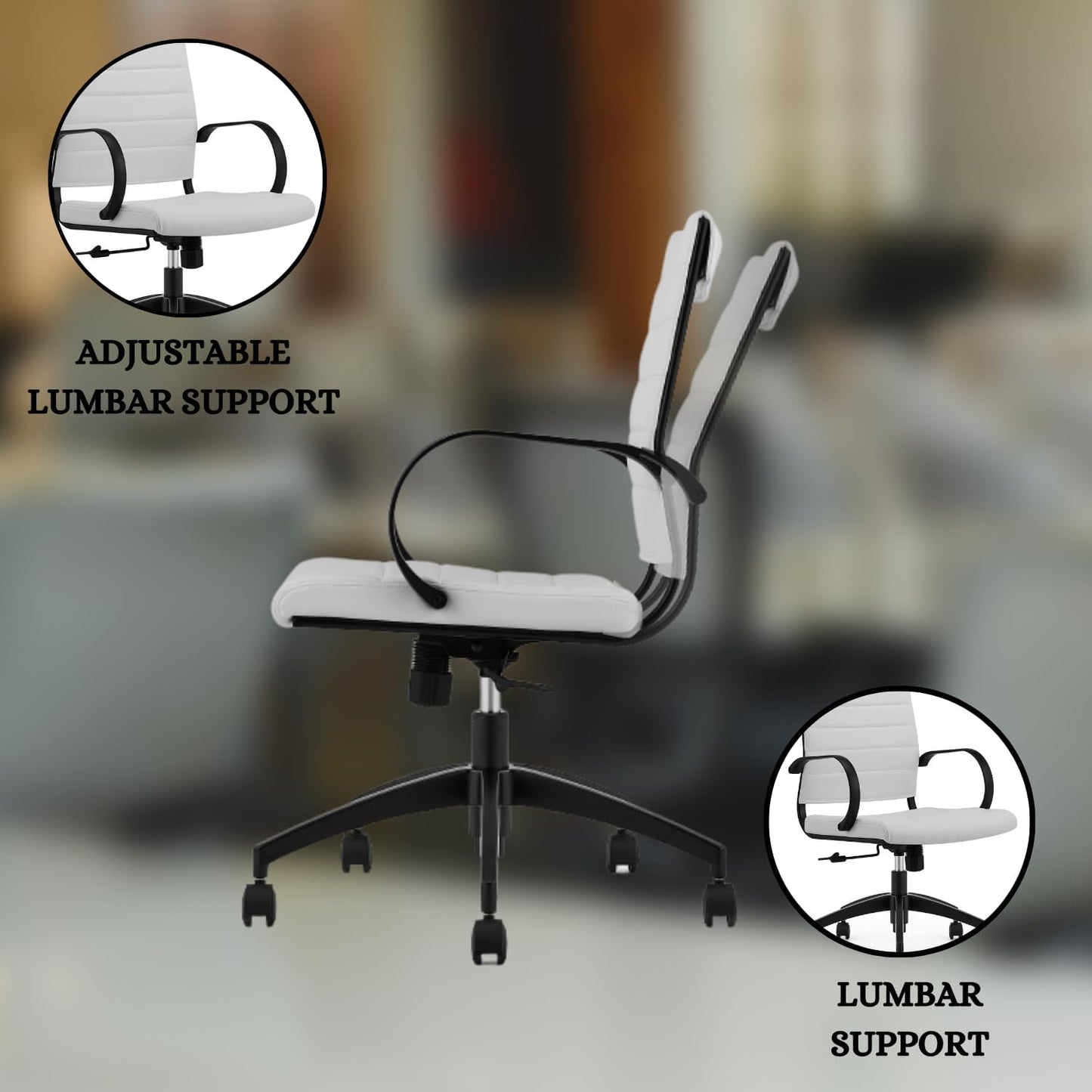 Ribbed Mid Back Conference Room Chairs - Lumbar Support, Modern Executive Home Office Chair - White Leather Seat & Black Aluminum Frame