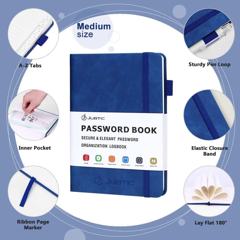 JUBTIC Password Book with Alphabetical Tabs. Medium Size Password Keeper Logbook for Internet Log in, Website Address. Hardcover Password Journal Notebook & Organizer for Home Office, Arabian Blue