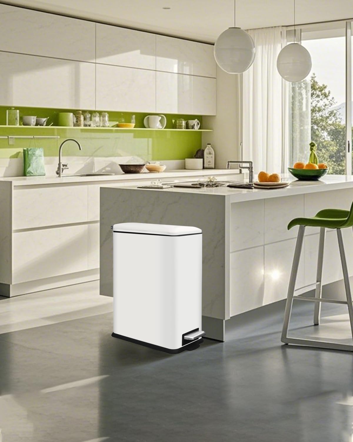 Kitchen Rubbish Bin, 30 L, Narrow Pedal Bin with Lid, Stainless Steel Kitchen Rubbish Bin with Inner Bucket, Rectangular Waste Bin for Kitchen, Bathroom, Bedroom, Office, White