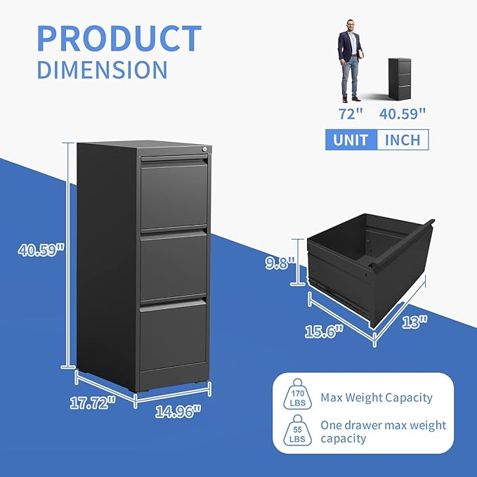 3 Drawer File Cabinet with Lock, Vertical Filing Cabinets for Home Office, Locking File Cabinet Hanging Files for A4/ Legal/Letter, Require Assembly, Black