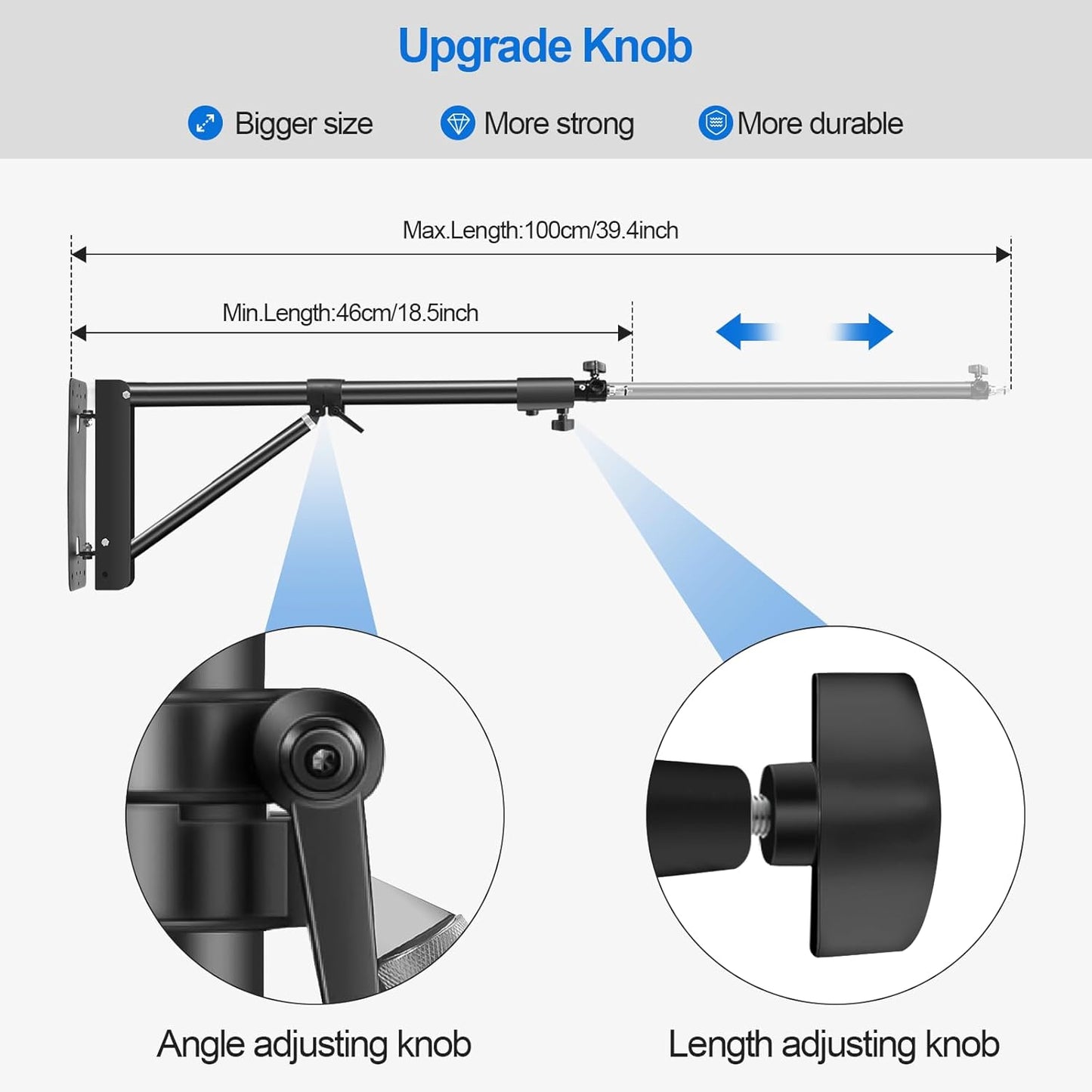 Wellmaking Wall Mount Triangle Boom Arm 53inch/135cm Length Adjustable Support 180° Flexible Rotation, Up to 4.26ft. With Tilt Adapter Light Stand with Standard 1/4 to 3/8 Metal Male Screw Photography