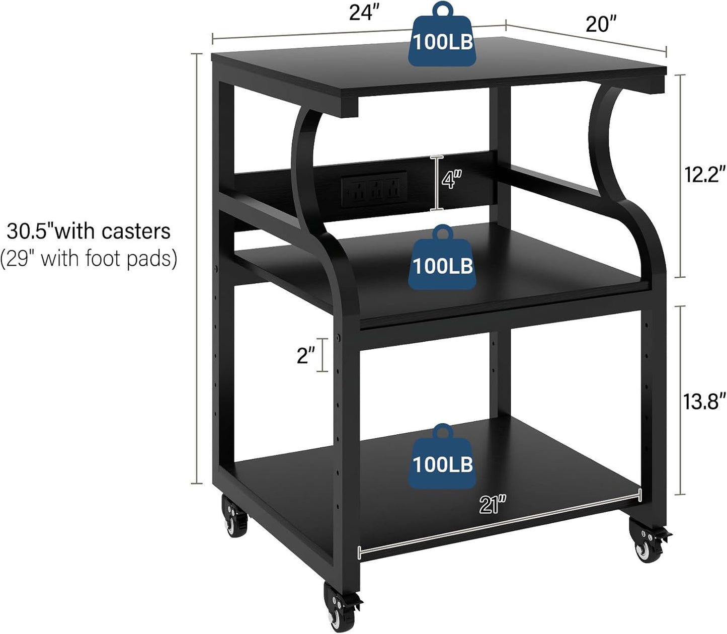 Natwind Large Printer Stand,24''x20''x29''Printer Table with Adjustable Storage Shelf,3 Tier Rolling Printer Cart with Wheels,Home Office Multifunctional Shelves for Heat Press,3D Printer (Black)