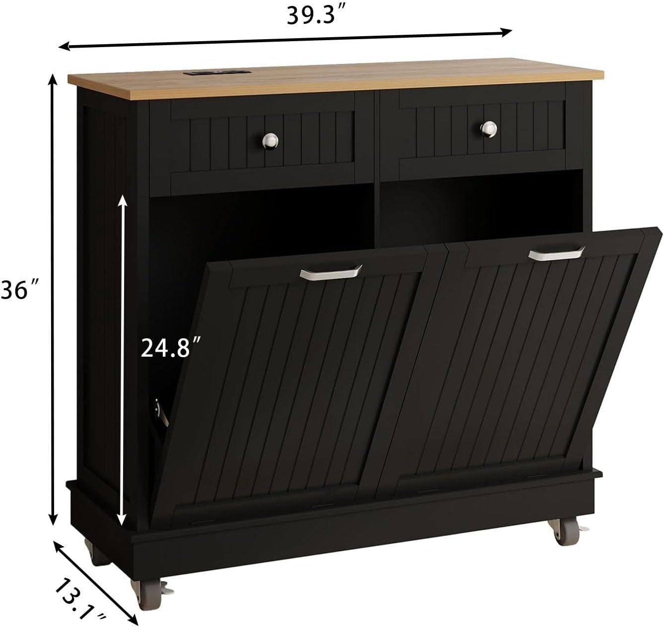 20 Gallon Tilt Out Trash Cabinet, Wooden Kitchen Trash Can Cabinet with Hideaway Drawer, Freestanding Laundry Hamper Garbage Recycling Cabinet on Wheels, Pet Proof, Double, Black