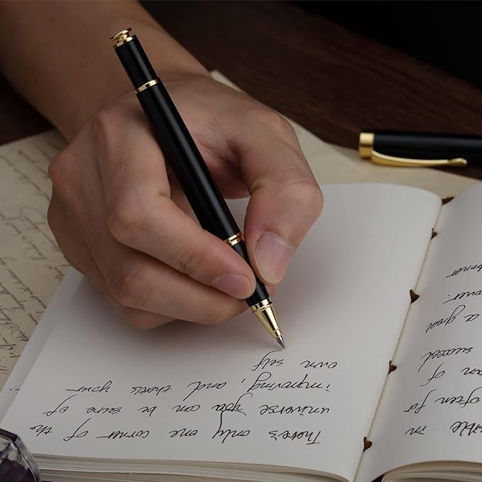 BEILUNER Ballpoint Pens, Stunning Black Chrome Metal Pen with Golden Trim, Best Ball Pen Gift Set for Men & Women, Professional, Executive, Office, Nice Pens-Gift Box with 0.5mm Black Extra Refill