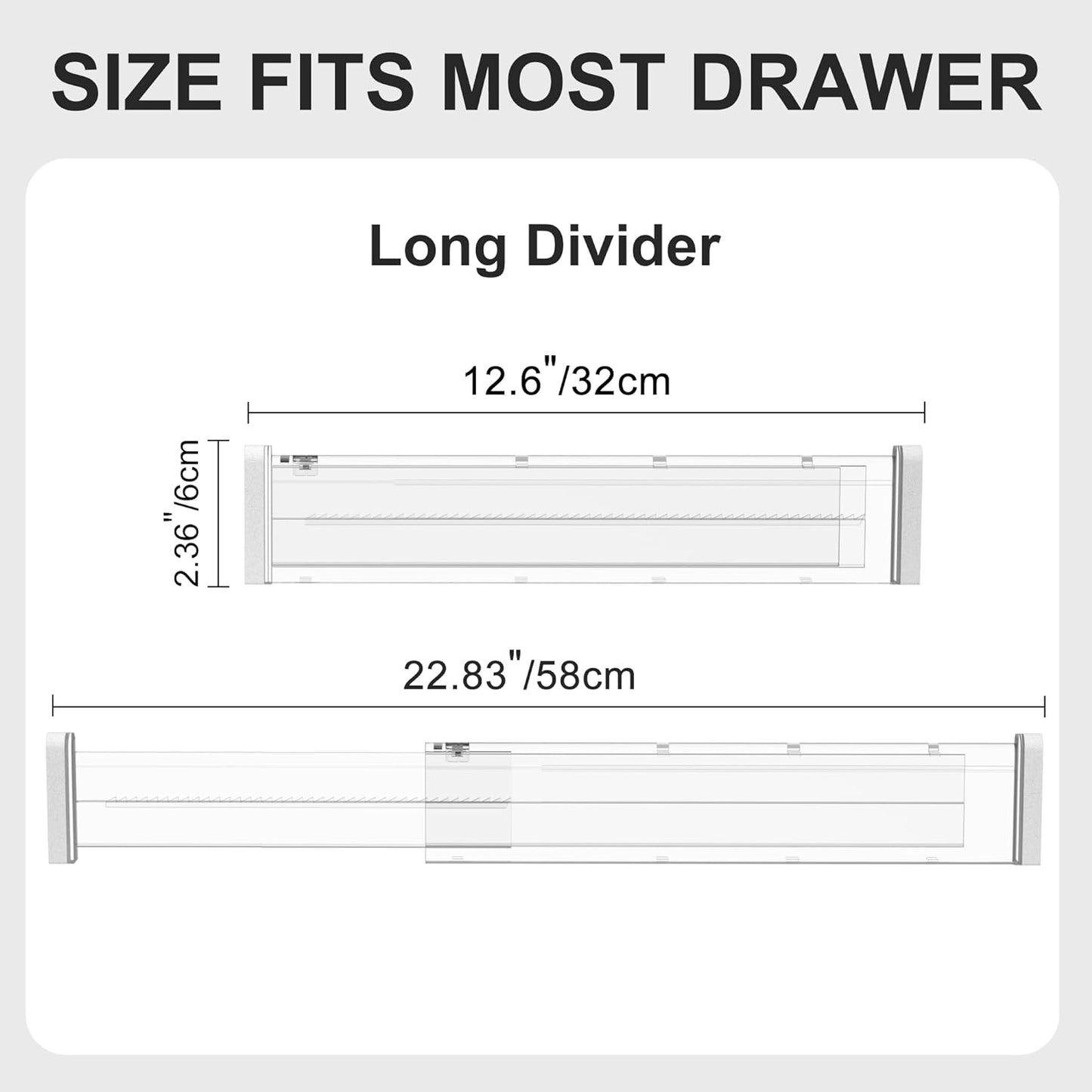 HiYZ Expandable Drawer Dividers - 12.6-22.8'' Adjustable Drawers Organizers for Kitchen Utensils, Drawer Separators in Bedroom, Dresser, Office, Bathroom, Fridge, 12 Pack Long Dividers-Clear