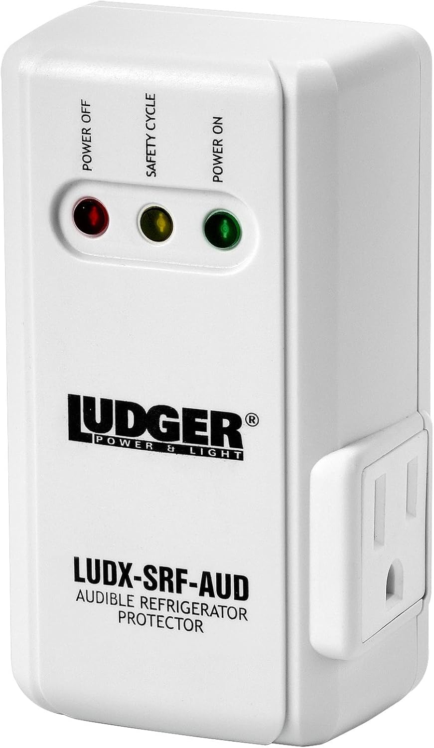 Ludger Power Surge Protector for Appliances (LUDX-SRF-AUD), ETL Certified, Appliance Surge Protector Refrigerator 90 Degrees, Connects to All Types of AC, Unique Side Socket, Audible Alarm