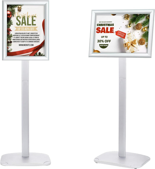 Heavy Duty Pedestal Sign Holder for Display, 8.5 x 11 inches Adjustable Floor Standing Sign Holder with Weighted Base , Vertical and Horizontal View Sign Stand for Indoor/Outdoor Advertising，Silver