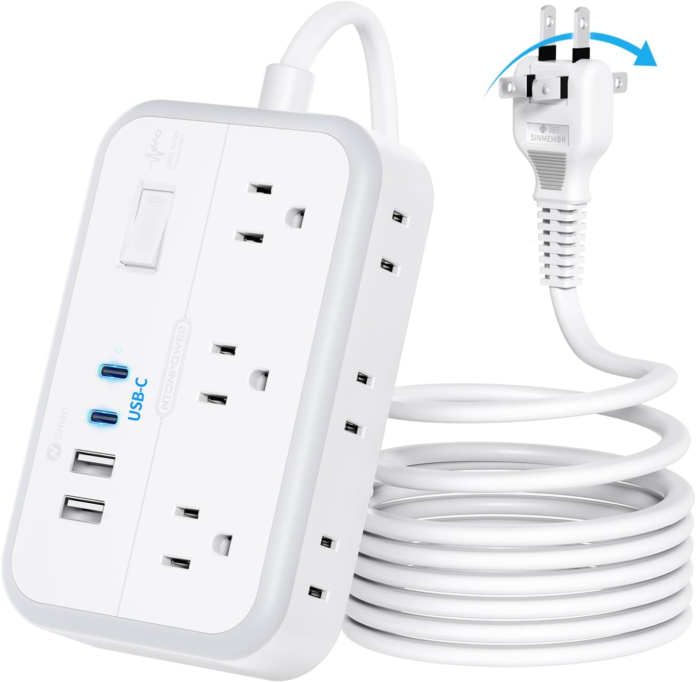 NTONPOWER 10FT Extension Cord with Surge Protector, 2 Prong to 3 Prong Adapter, 1875W Power Strip with 4 USB Ports (2 USB C), Wall Mount Flat Plug Extension Cord for Old House