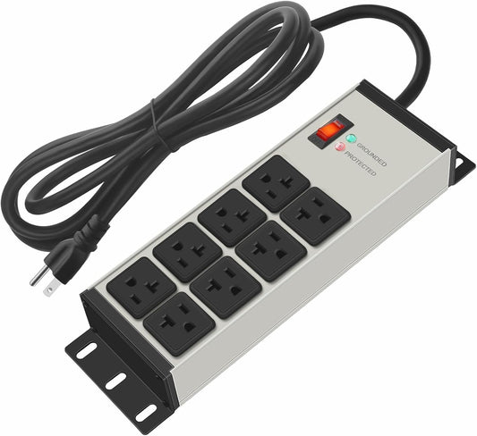 CCCEI Grey Heavy Duty Power Strip Surge Protector 20 AMP, 8 Outlets 12 Gauge Industrial Shop Garage Metal Multiple Outlets, 4 FT Extension Cord 5-15P Adapter High Amp 6-20R T-Slot 20a for Appliance