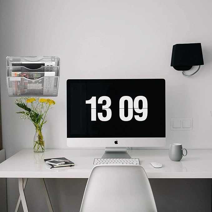 EASEPRES 3 Pocket Mesh Hanging Wall File Organizer, Wall Mounted Mail Paper Document Folder Holder, Clipboard Storage Organization Magazine Rack with Nametag Label for Office Home School, Silver