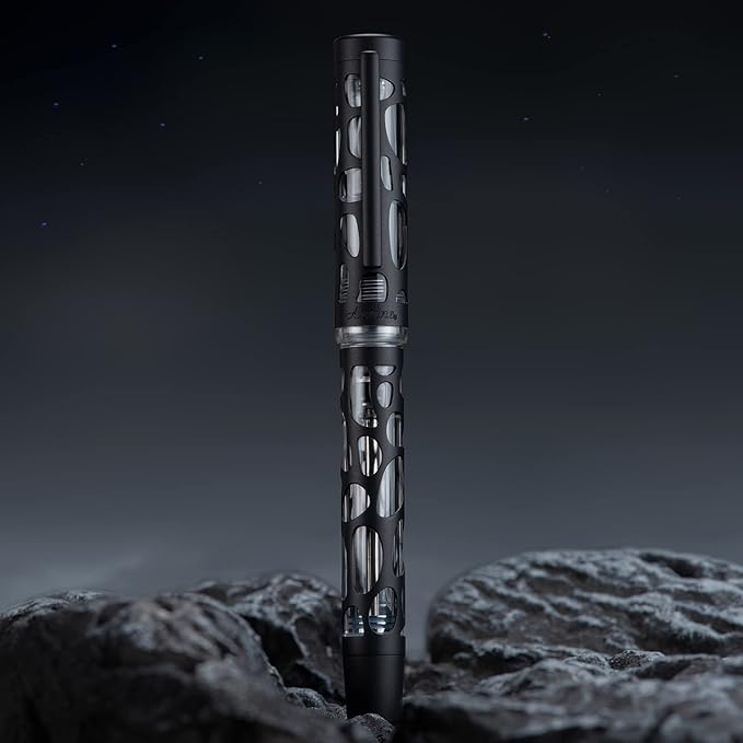 Asvine V169 Vacuum Filling Fountain Pen, Matte Black Water Drop Skeleton Transparent Acrylic Pen, Black Extra Fine Nib Office Pen with Case Set