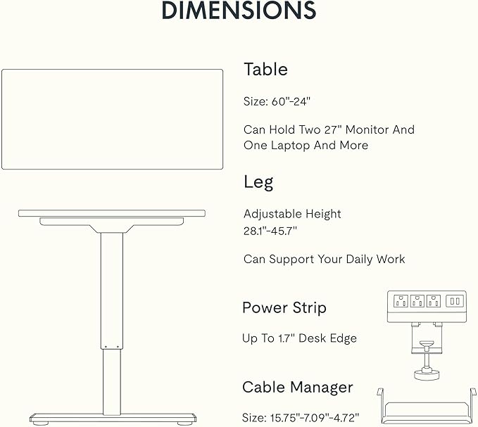 FLEXISPOT EN2 Whole-Piece Standing Desk with Clamp Power Strip, 60 x 24 Electric Stand Up Height Adjustable Desk with Cable Management (White Frame + 60" White Desktop, 2 Packages)