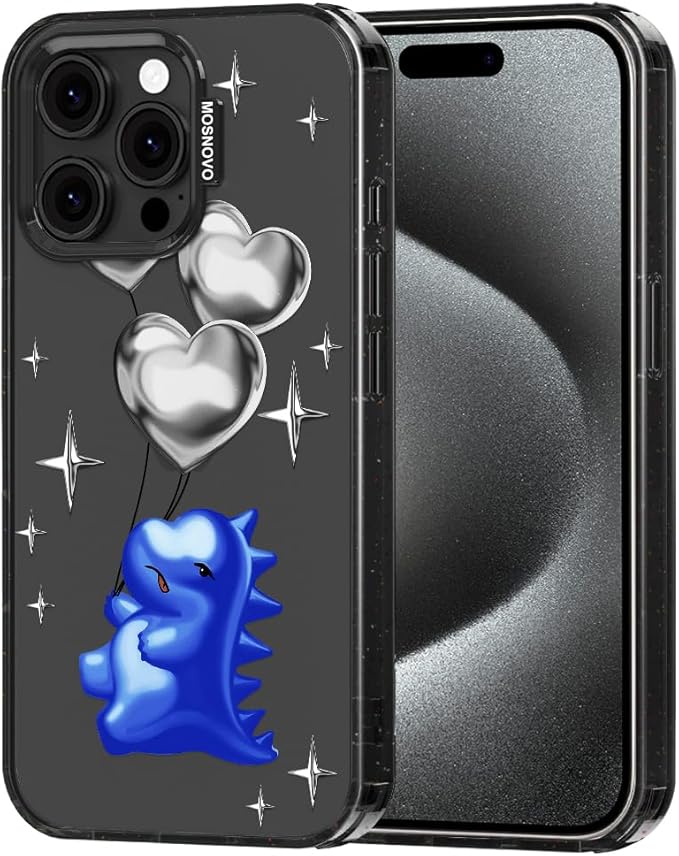 MOSNOVO Case for iPhone 15 Pro Max, [10ft 4X Military-Grade Drop Protection] Durable & Shockproof Phone Case Cover Design for iPhone 15 Pro Max - Balloonasaurus - Clear Black