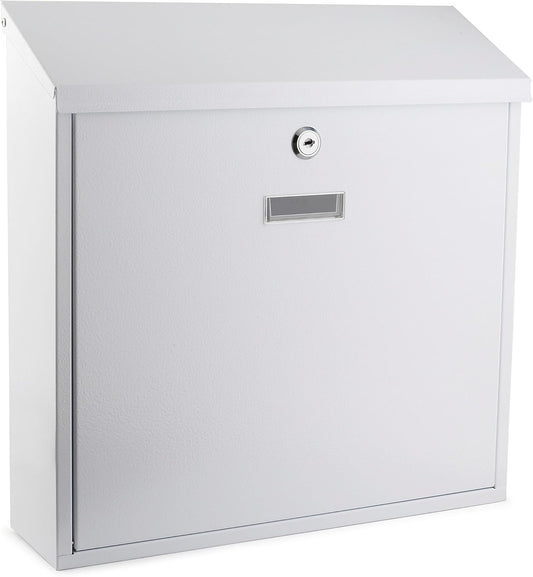 Metal Mailbox Steel office comment Suggestion ballot Box Secure Box With top special Wide Slot for envelopes Wall Mount with pre drilled holes Drop Box for Home and Office 14.3H x 14.6W x 3.75D(White)